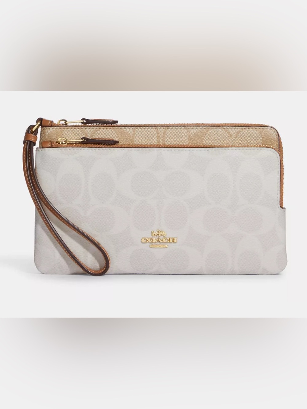 Coach Two-Tone Signature Double Zip Wristlet in Neutral and Tan
